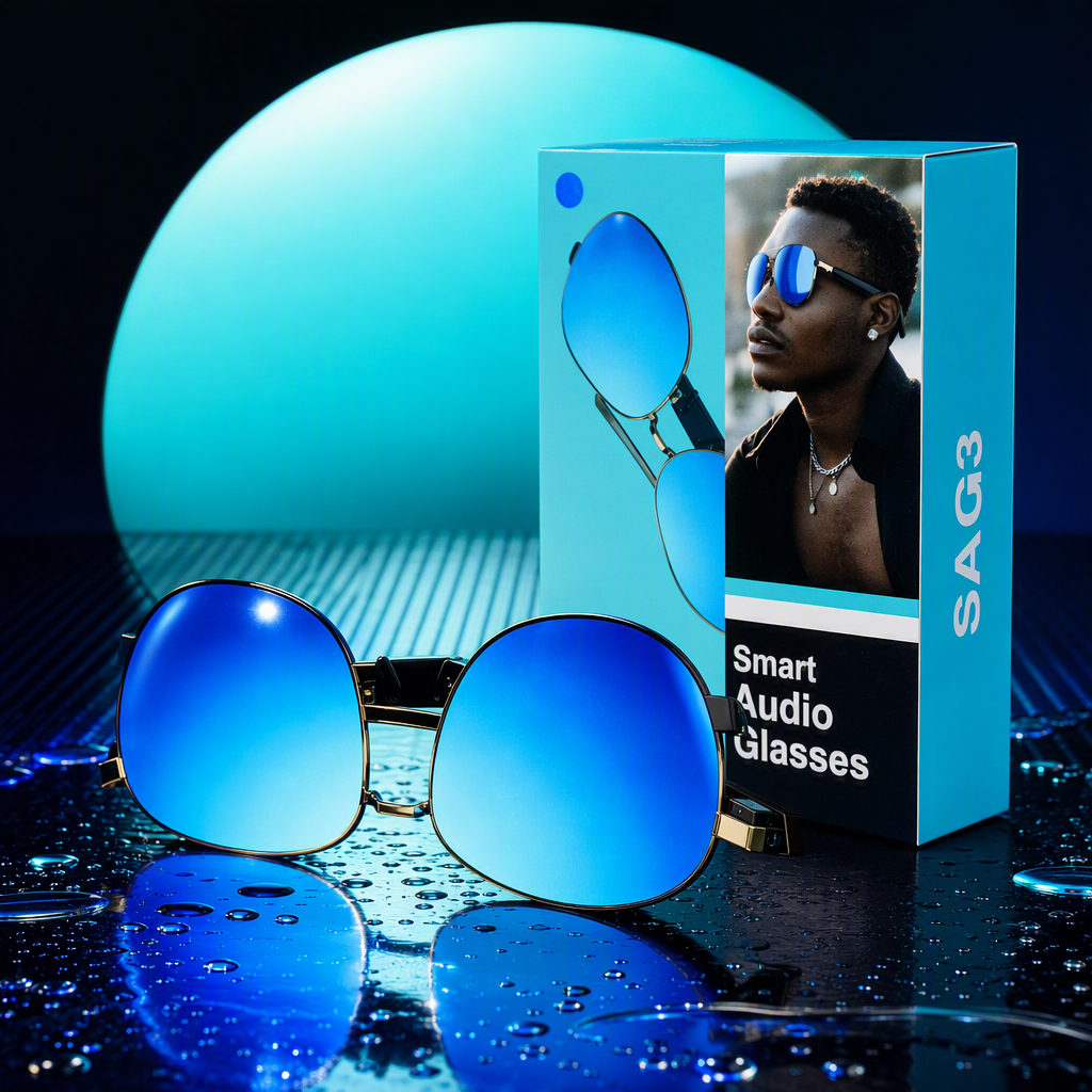 Blue packaging box smart audio glasses, high-definition call Bluetooth headphones, fashionable, portable and multi-functional glasses device