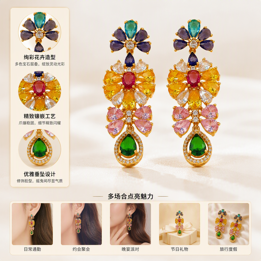 彩色花朵造型时尚耳环女简约百搭气质甜美耳饰潮流配饰品