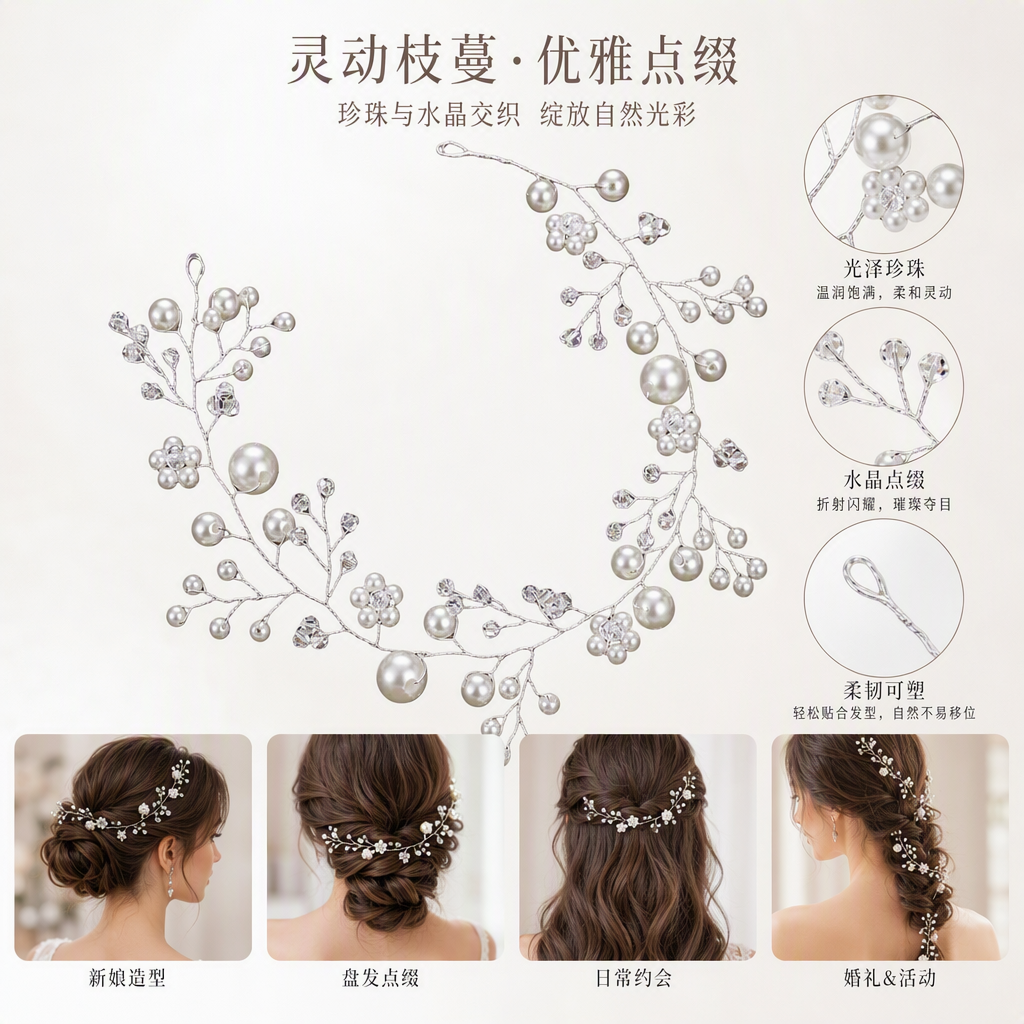 Plata brotes enredaderas perlas accesorios de pelo elegante tocados de novia vintage todos los días versátil