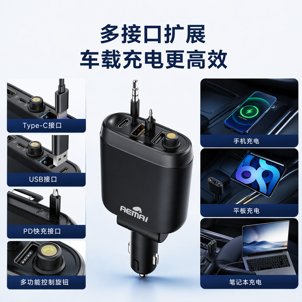 The multi-functional car charger in blue packaging box is portable and fast-charging. The car cigarette lighter is suitable for two vehicles in one