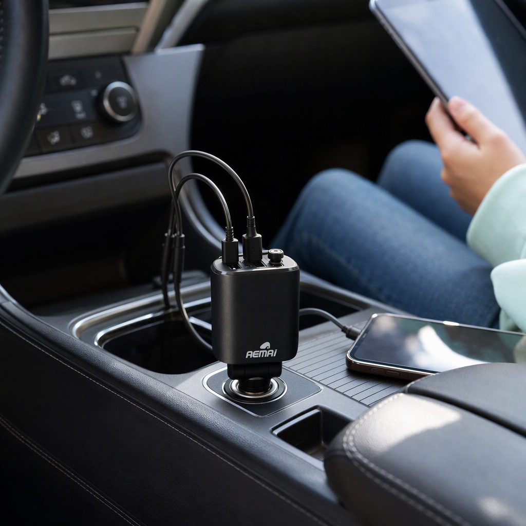 The multi-functional car charger in blue packaging box is portable and fast-charging. The car cigarette lighter is suitable for two vehicles in one details Picture
