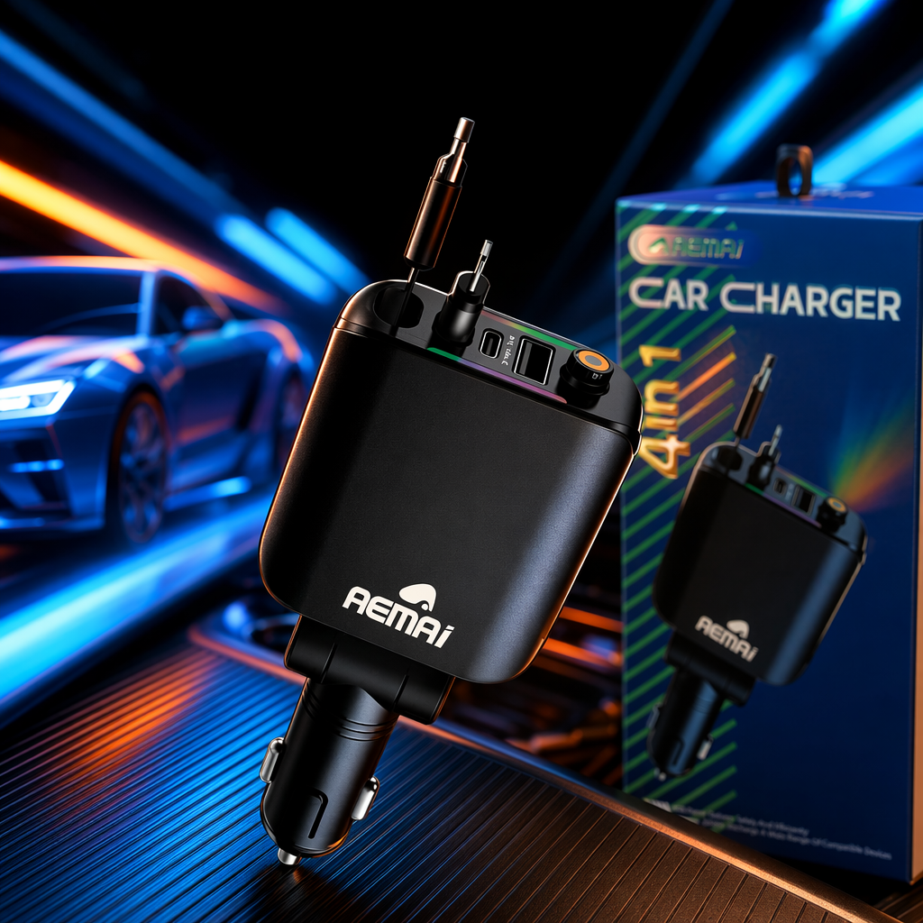 The multi-functional car charger in blue packaging box is portable and fast-charging. The car cigarette lighter is suitable for two vehicles in one Specification image
