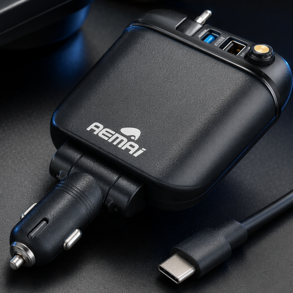The multi-functional car charger in blue packaging box is portable and fast-charging. The car cigarette lighter is suitable for two vehicles in one Application Scenario