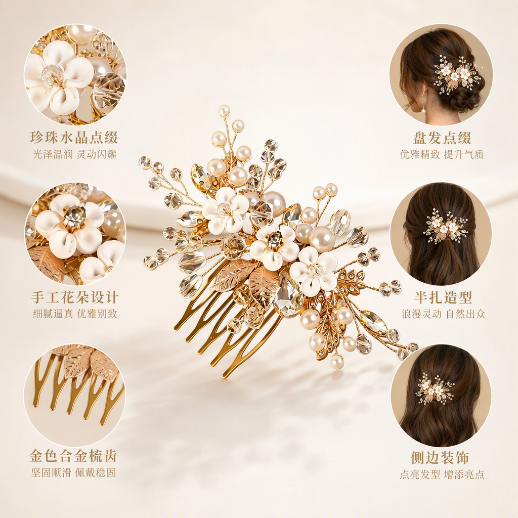 Golden pearl crystal flower hair comb, an elegant lady's headwear and decorative comb