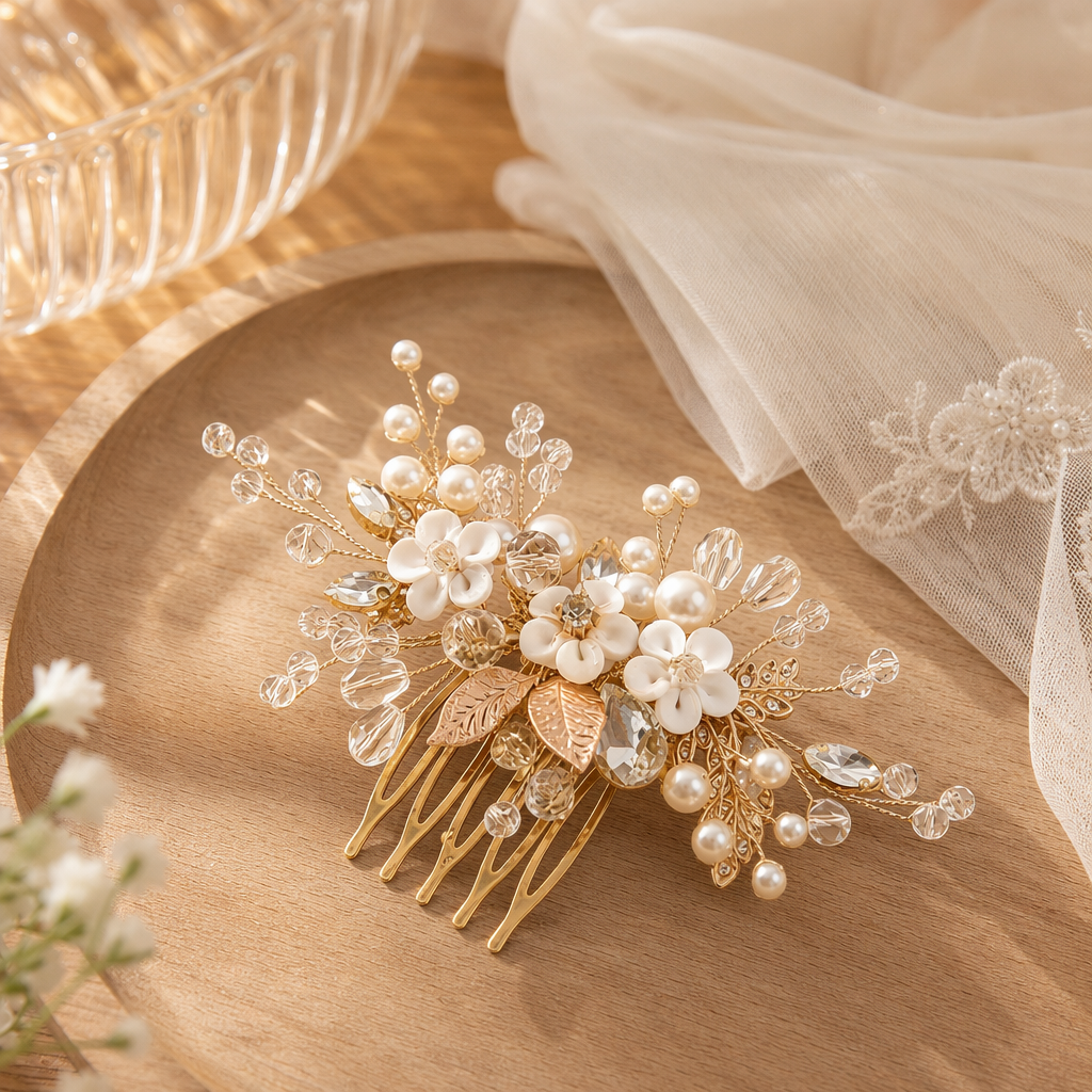 Golden pearl crystal flower hair comb, an elegant lady's headwear and decorative comb details Picture