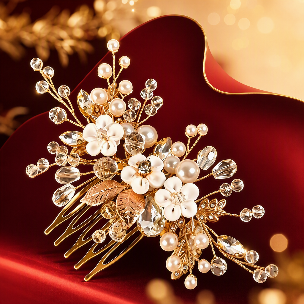 Golden pearl crystal flower hair comb, an elegant lady's headwear and decorative comb Specification image