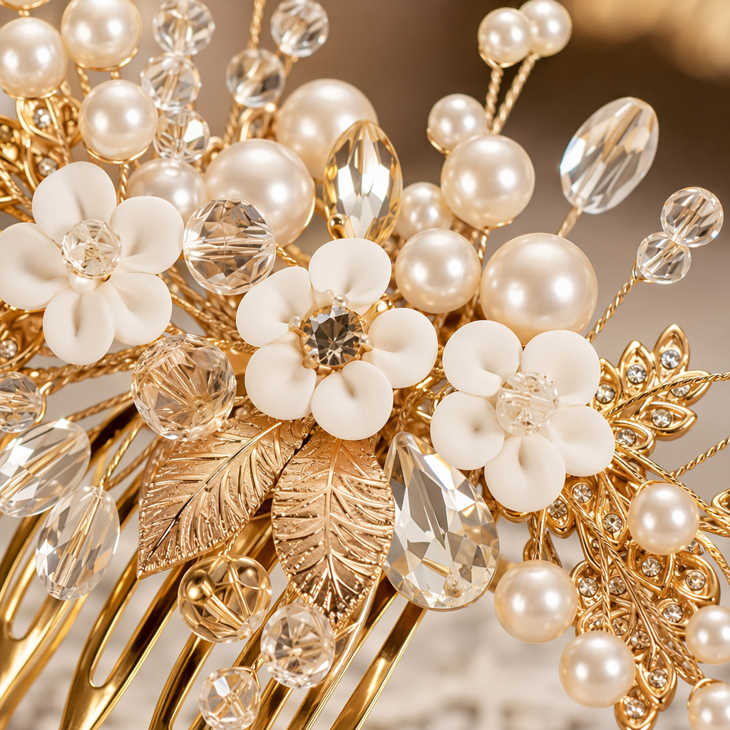 Golden pearl crystal flower hair comb, an elegant lady's headwear and decorative comb Application Scenario