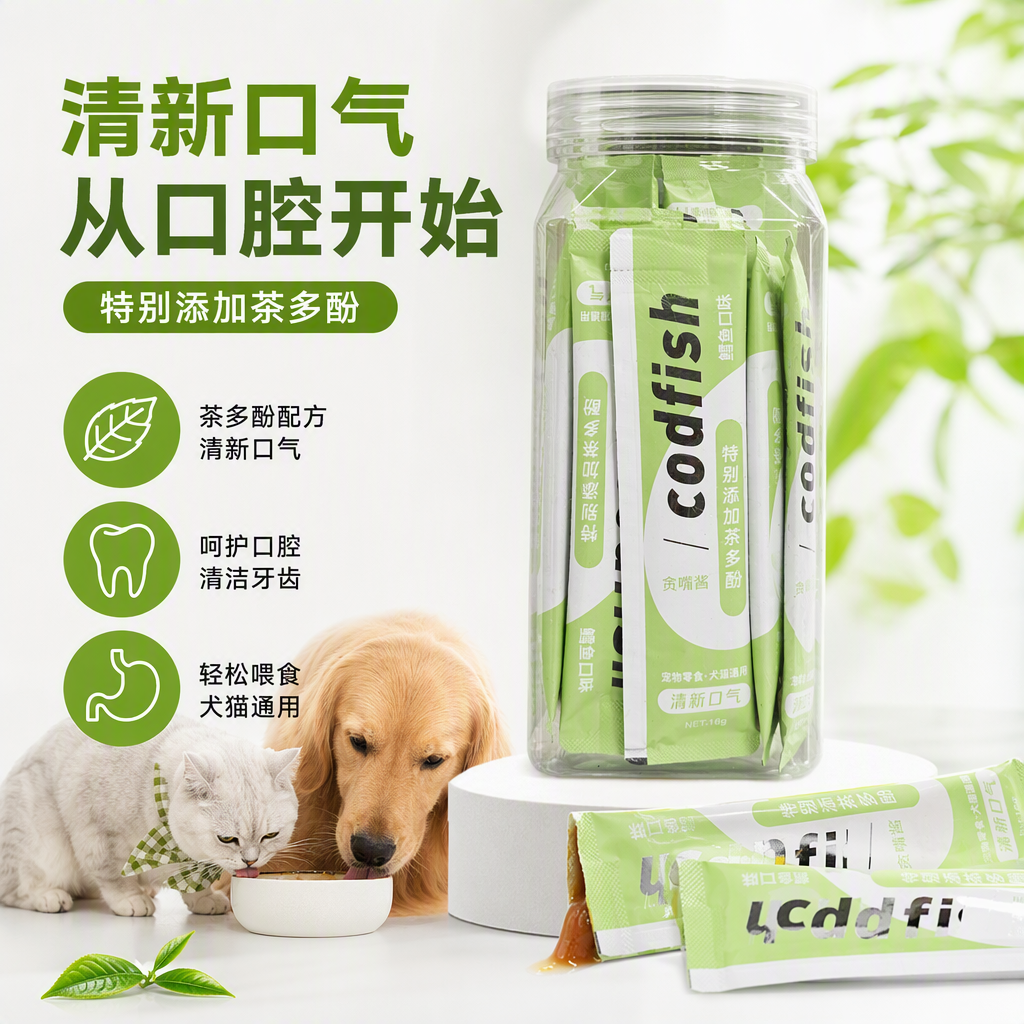 Natural green packaging pet snacks, healthy and nutritious. Delicious snacks specially designed for dogs and cats with free shipping