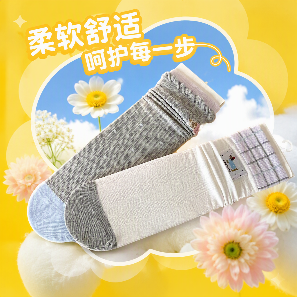 Two pairs of grey striped and white checkered stockings are stacked and released Specification image