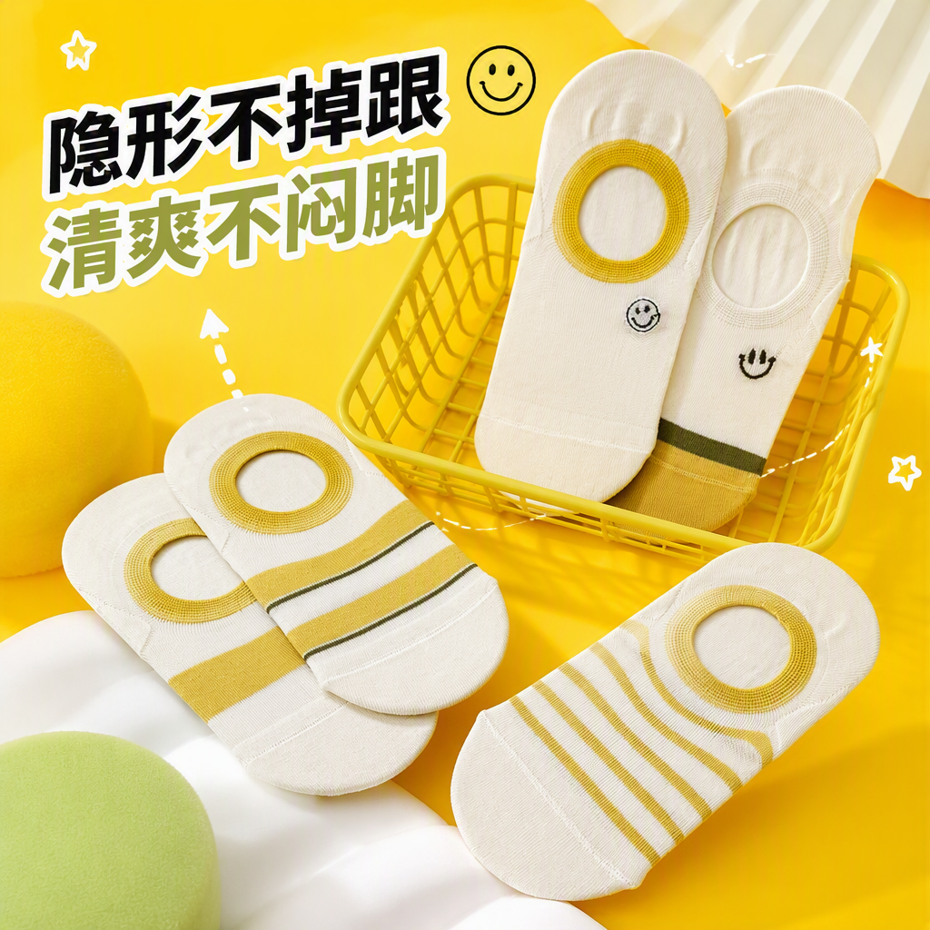 Off-white striped boat socks, pure cotton, sweat-absorbing and anti-slip, unisplus-style Specification image