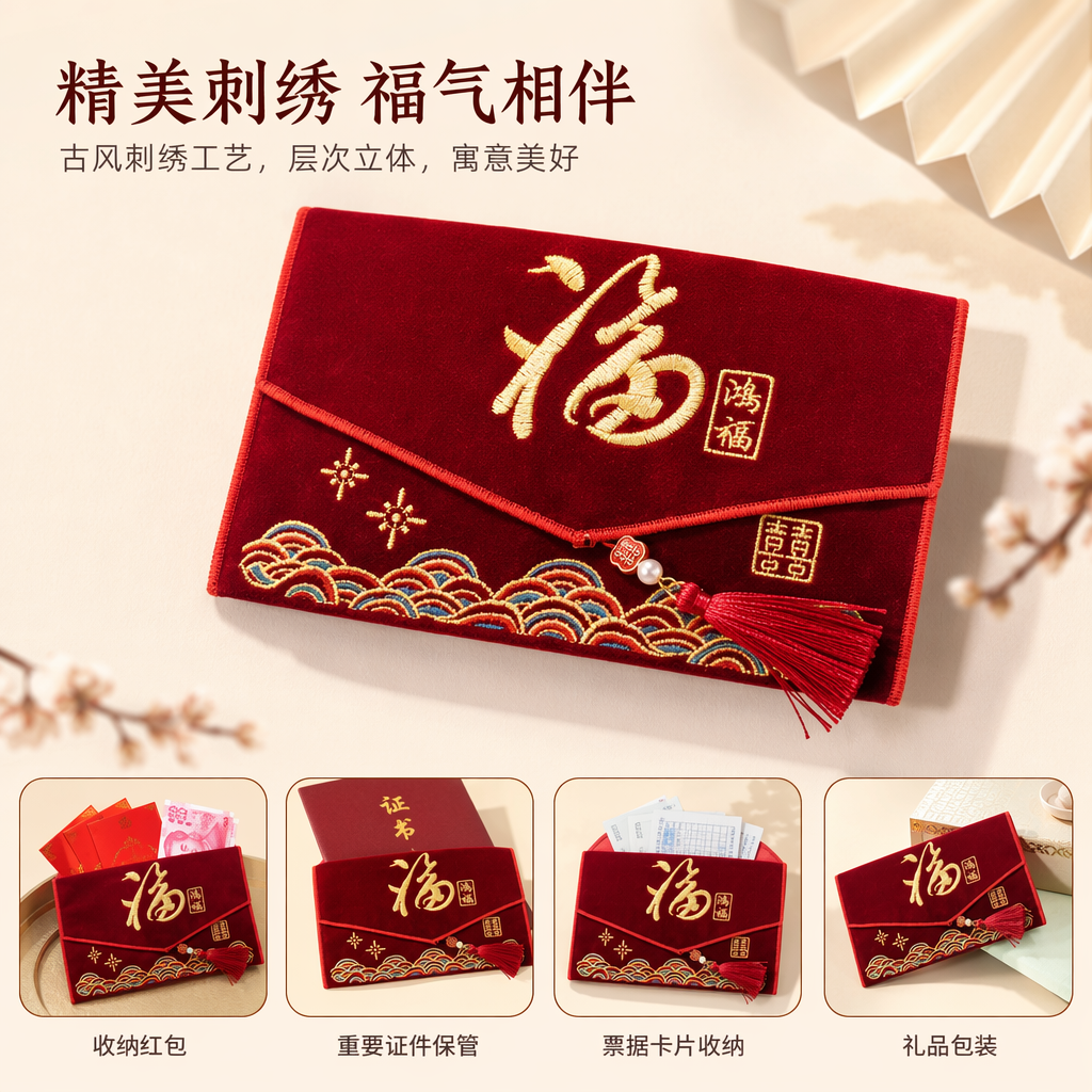 红色绒布福袋金色“福”字祥云流苏装饰喜庆节日礼品包袋
