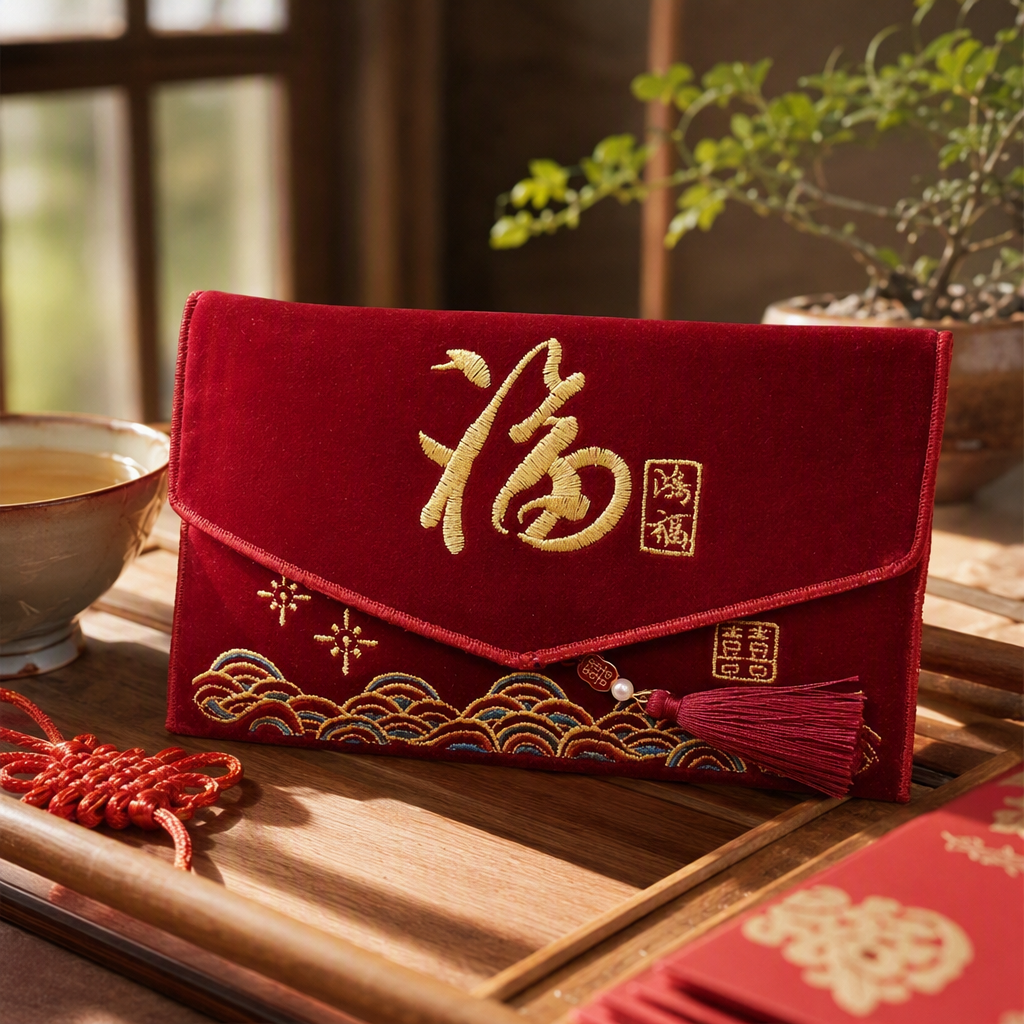 Red velvet lucky bag with golden "Fu" character and auspicious cloud tassels for festive gifts details Picture