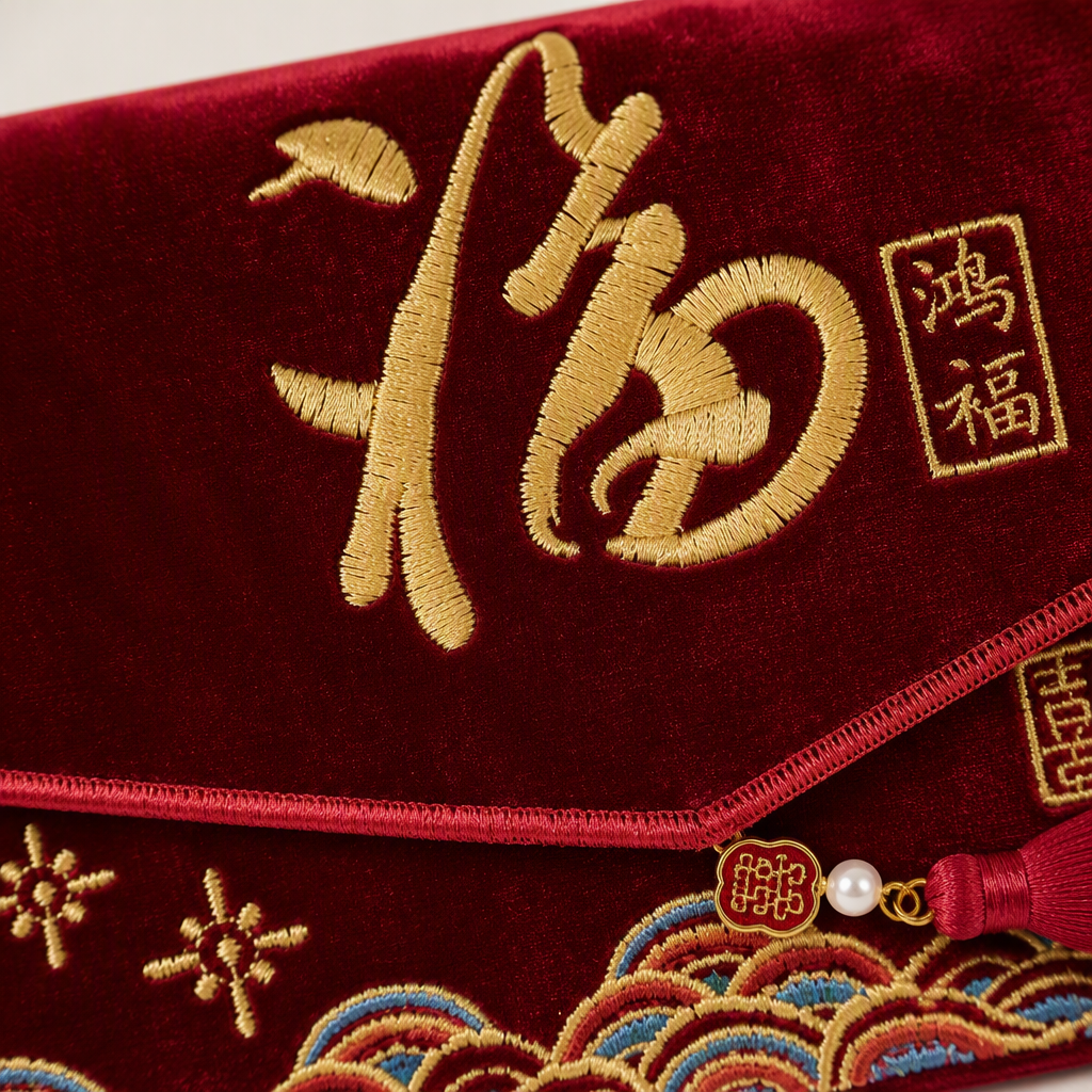 Red velvet lucky bag with golden "Fu" character and auspicious cloud tassels for festive gifts Application Scenario