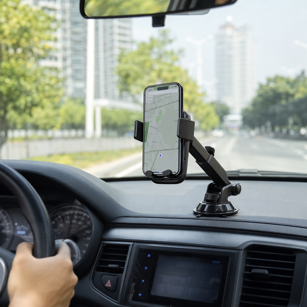 The multi-functional black car stand is convenient for holding, anti-slip and stable. It is a mobile phone support stand and an in-car navigation assistant details Picture