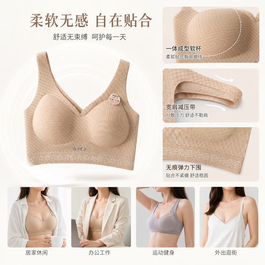 Multi-color, frameless, comfortable bra, soft, breathable and seamless underwear, women's underwear set, versatile