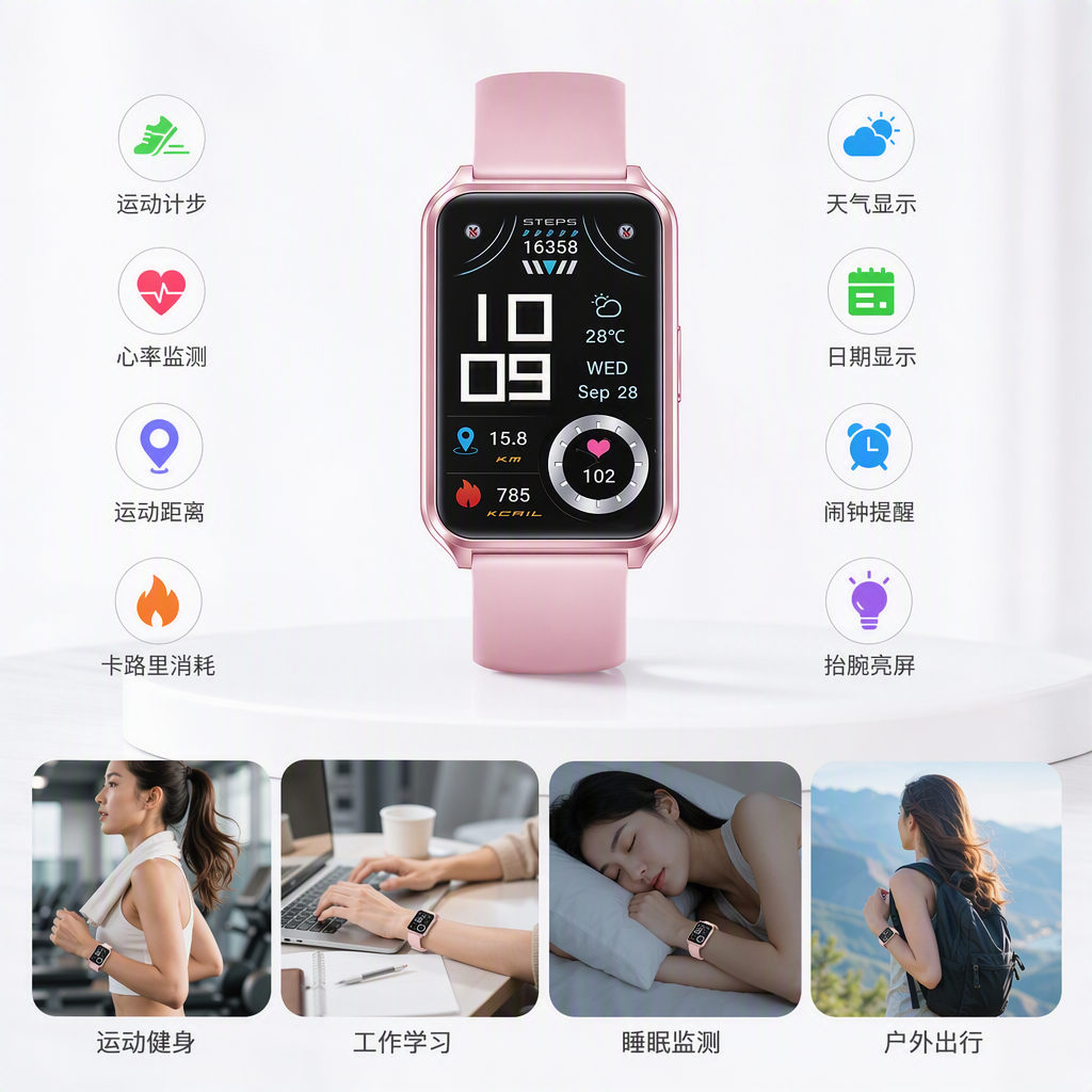 The multi-functional smartwatch comes in a white packaging box for portable sports and health monitoring, suitable for both men and women