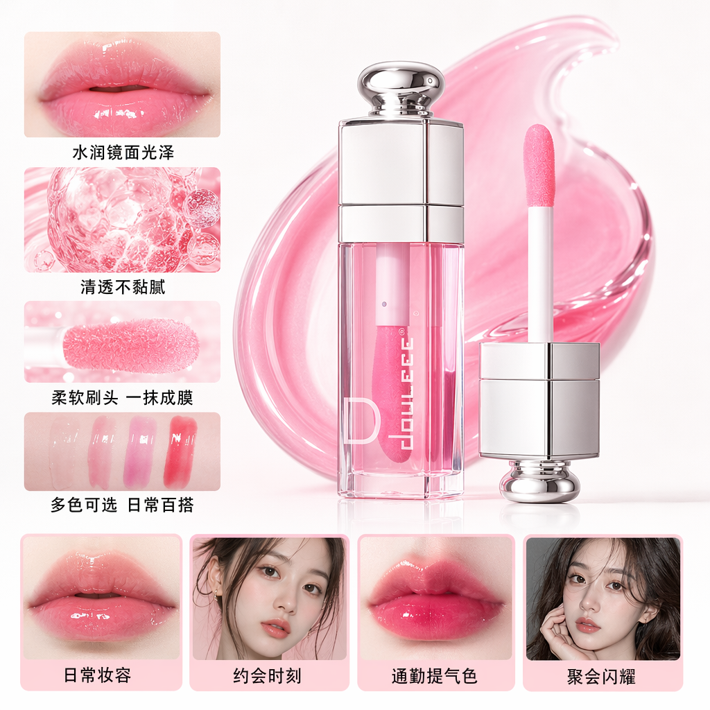 Pink background, shiny gradient lip oil set, transparent bottle, silver cap, colorful gift box