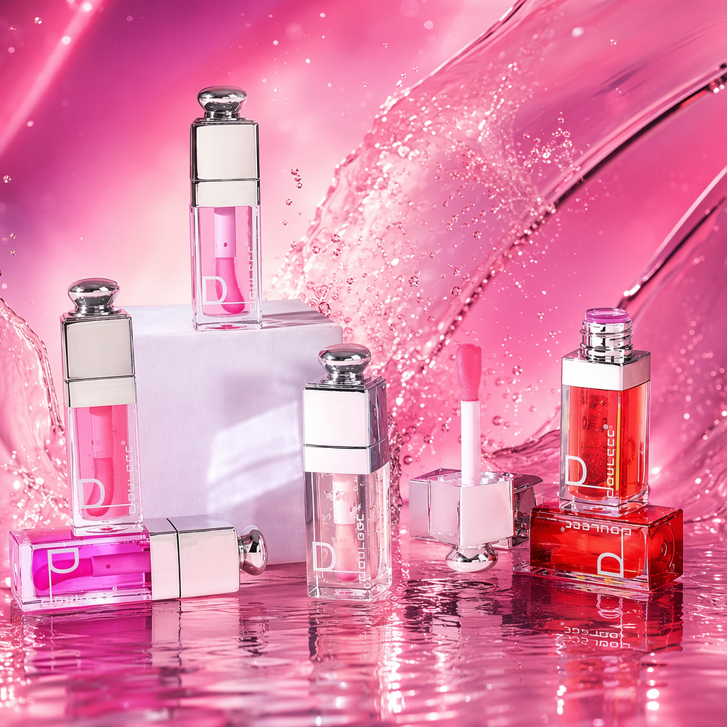 Pink background, shiny gradient lip oil set, transparent bottle, silver cap, colorful gift box Specification image