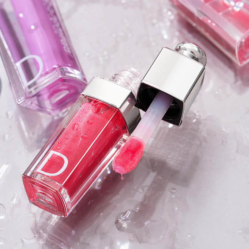 Pink background, shiny gradient lip oil set, transparent bottle, silver cap, colorful gift box Application Scenario