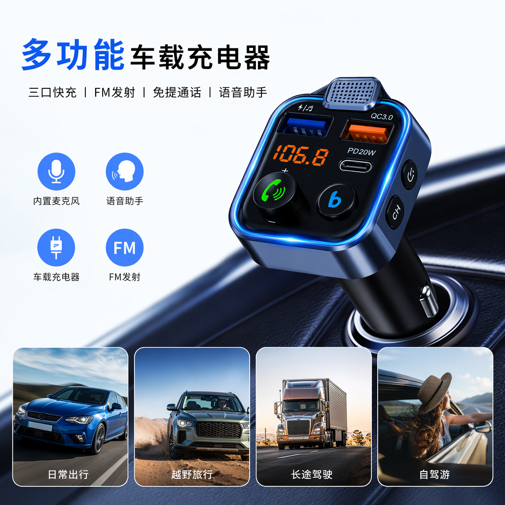 The blue car charger with FM transmission, fast charging interface and display screen is a multi-functional car charger suitable for various vehicle models