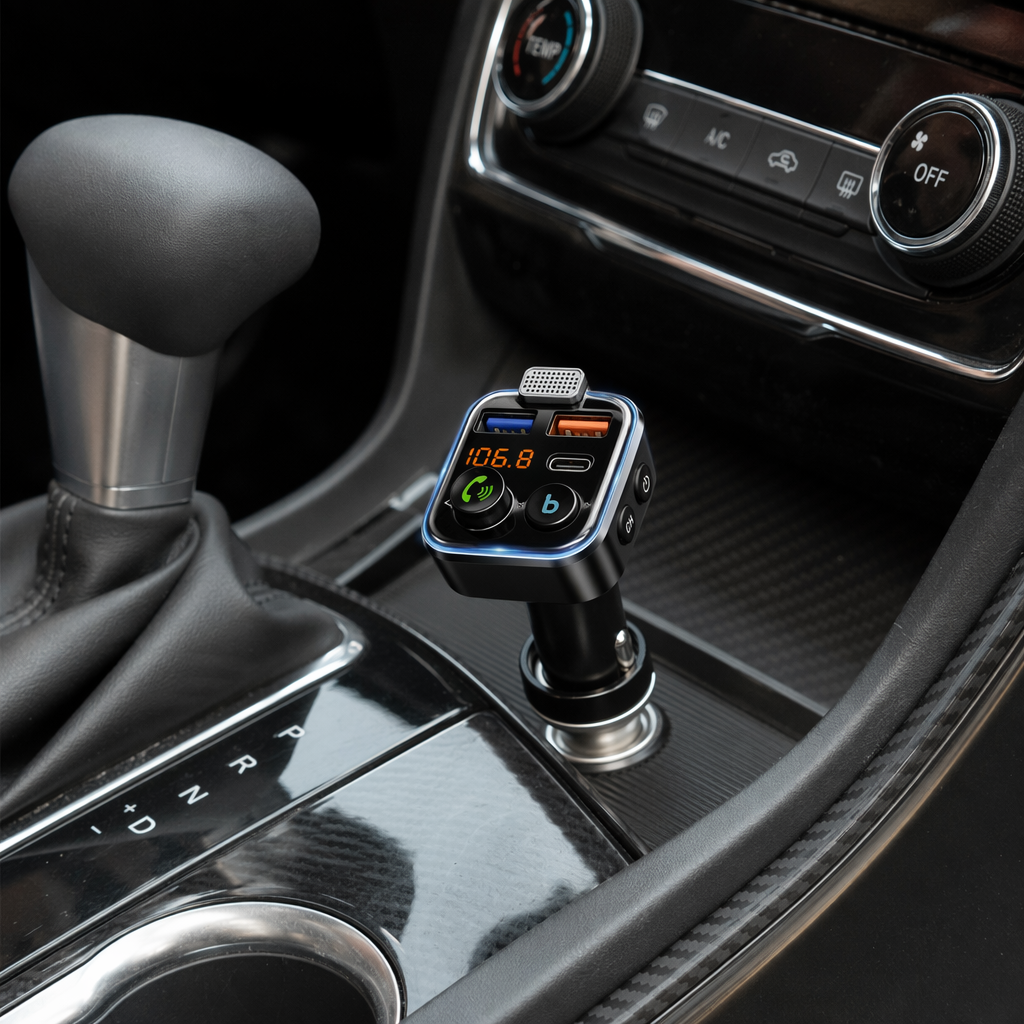 The blue car charger with FM transmission, fast charging interface and display screen is a multi-functional car charger suitable for various vehicle models details Picture