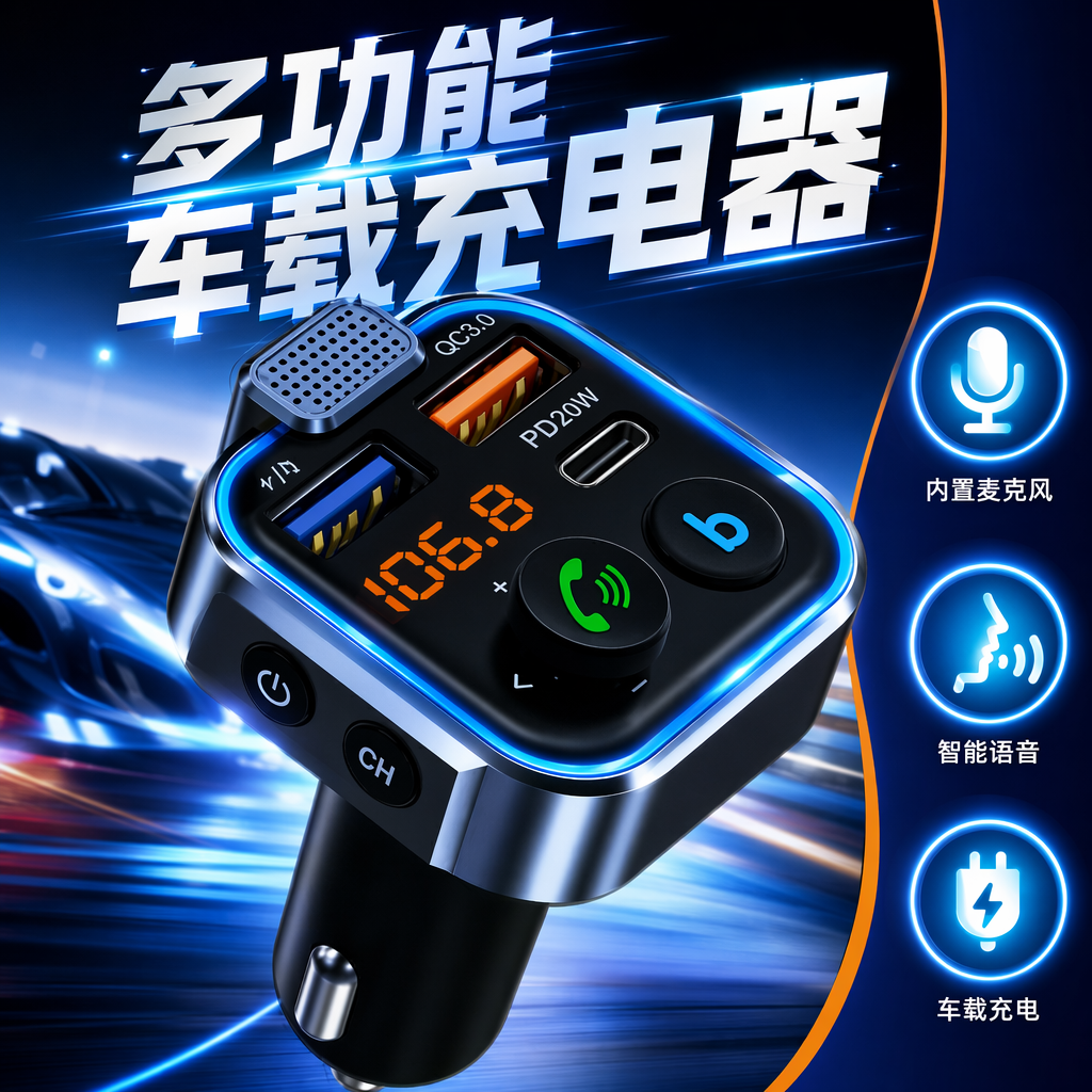 The blue car charger with FM transmission, fast charging interface and display screen is a multi-functional car charger suitable for various vehicle models Specification image