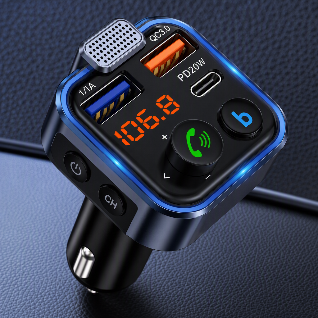 The blue car charger with FM transmission, fast charging interface and display screen is a multi-functional car charger suitable for various vehicle models Application Scenario
