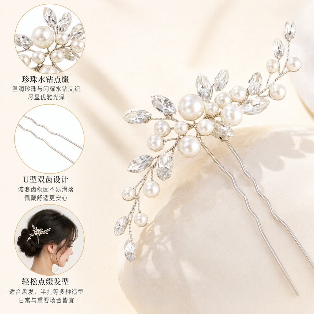 Palillos para el cabello cristal perla perla blanca cristal transparente doble aguja