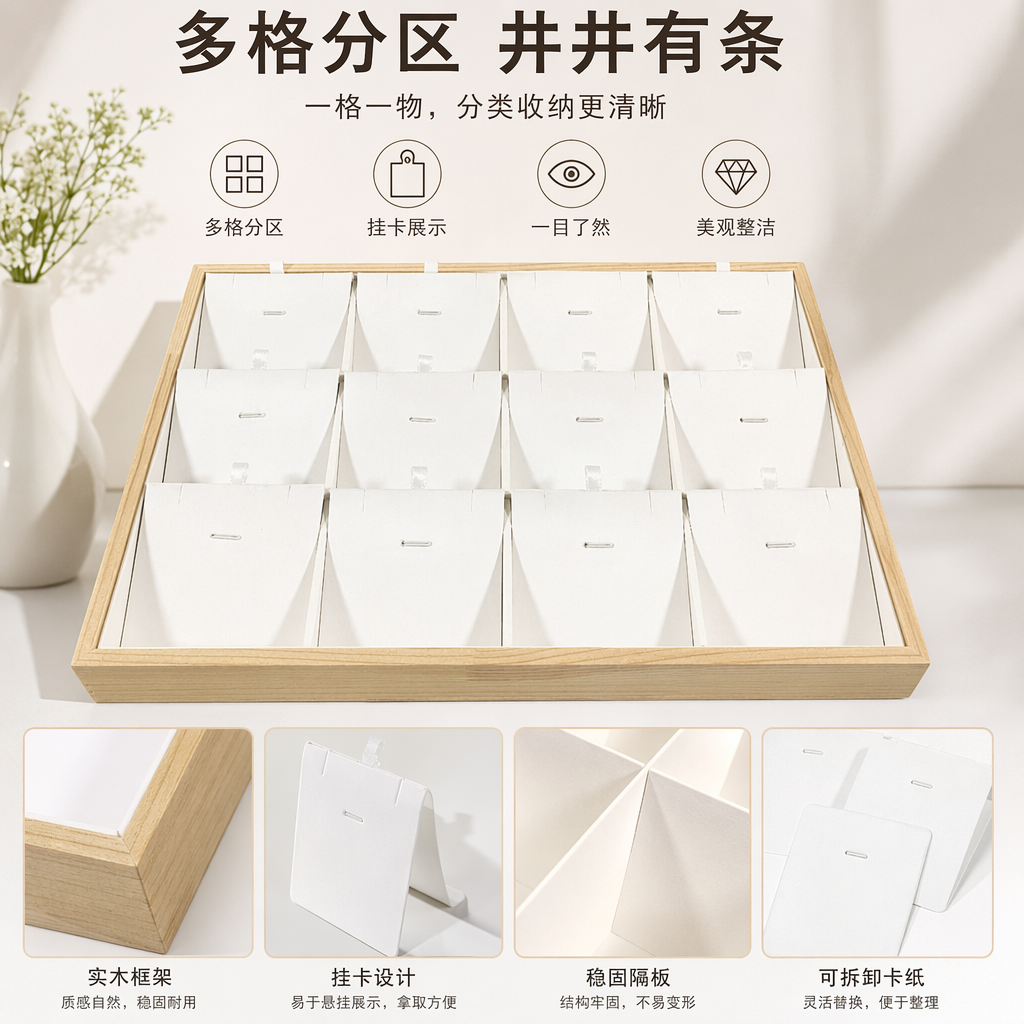 高端木质展示盒内含十二个白色耳饰托盘首饰收纳展示柜收纳盒礼品包装盒