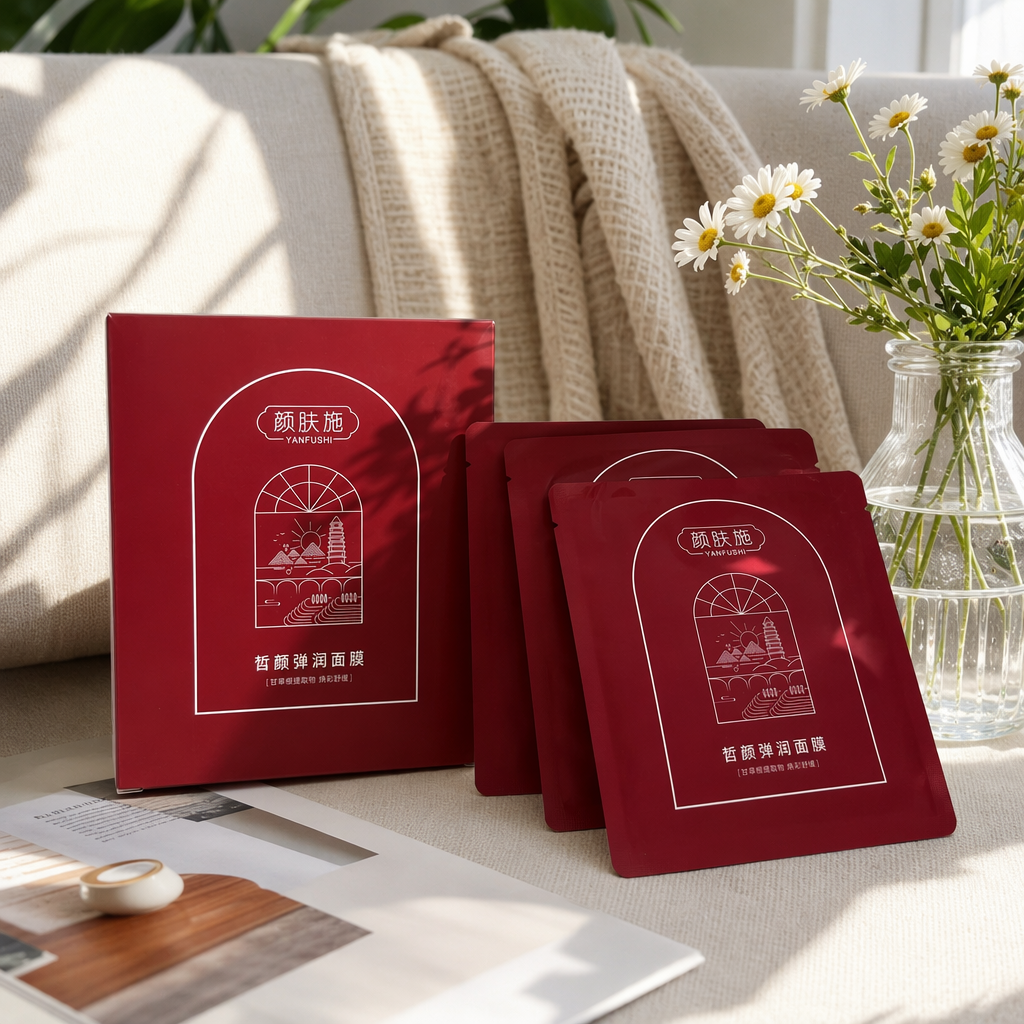 Customized printed color box for red facial mask packaging bags and outer boxes, special gift box set for facial masks details Picture