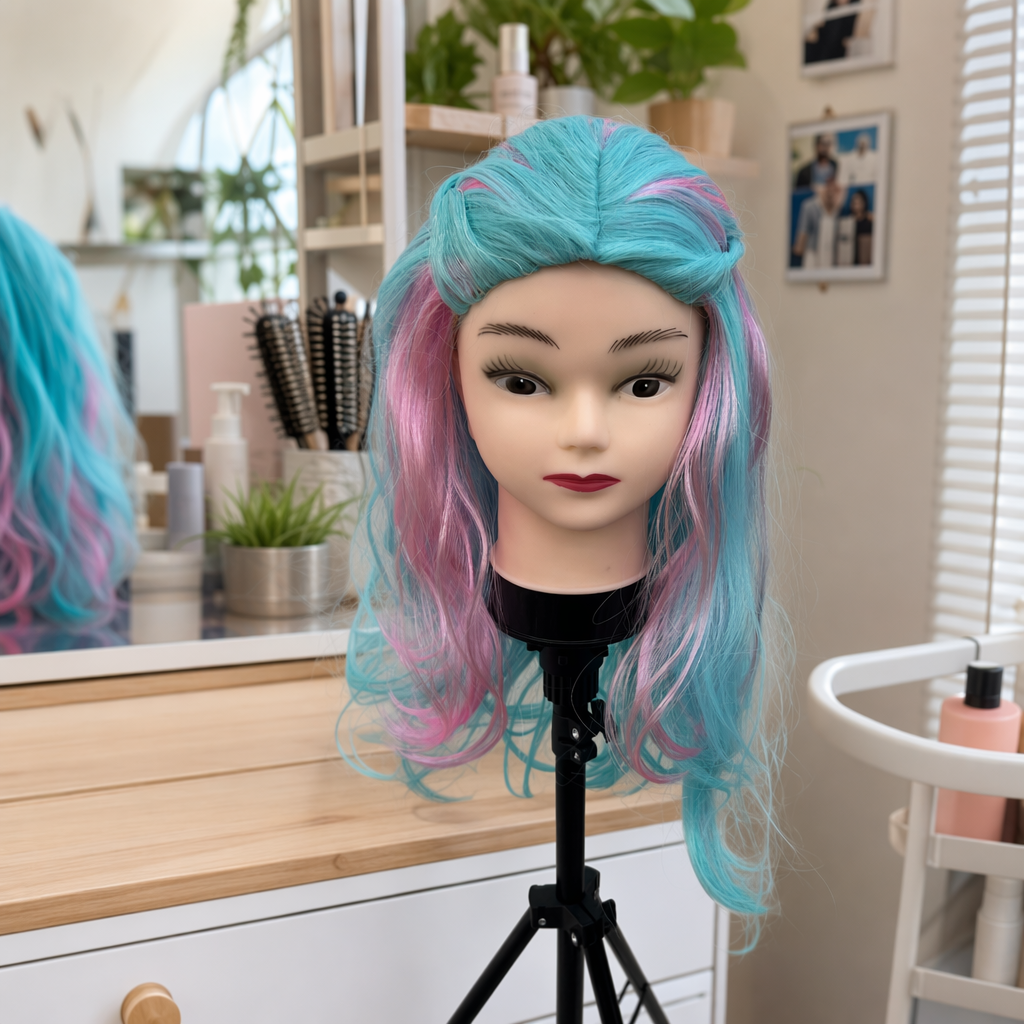 Colorful wig models, adult and children's hairstyle display models, colorful hairstyle simulation hair models, styling practice tools details Picture