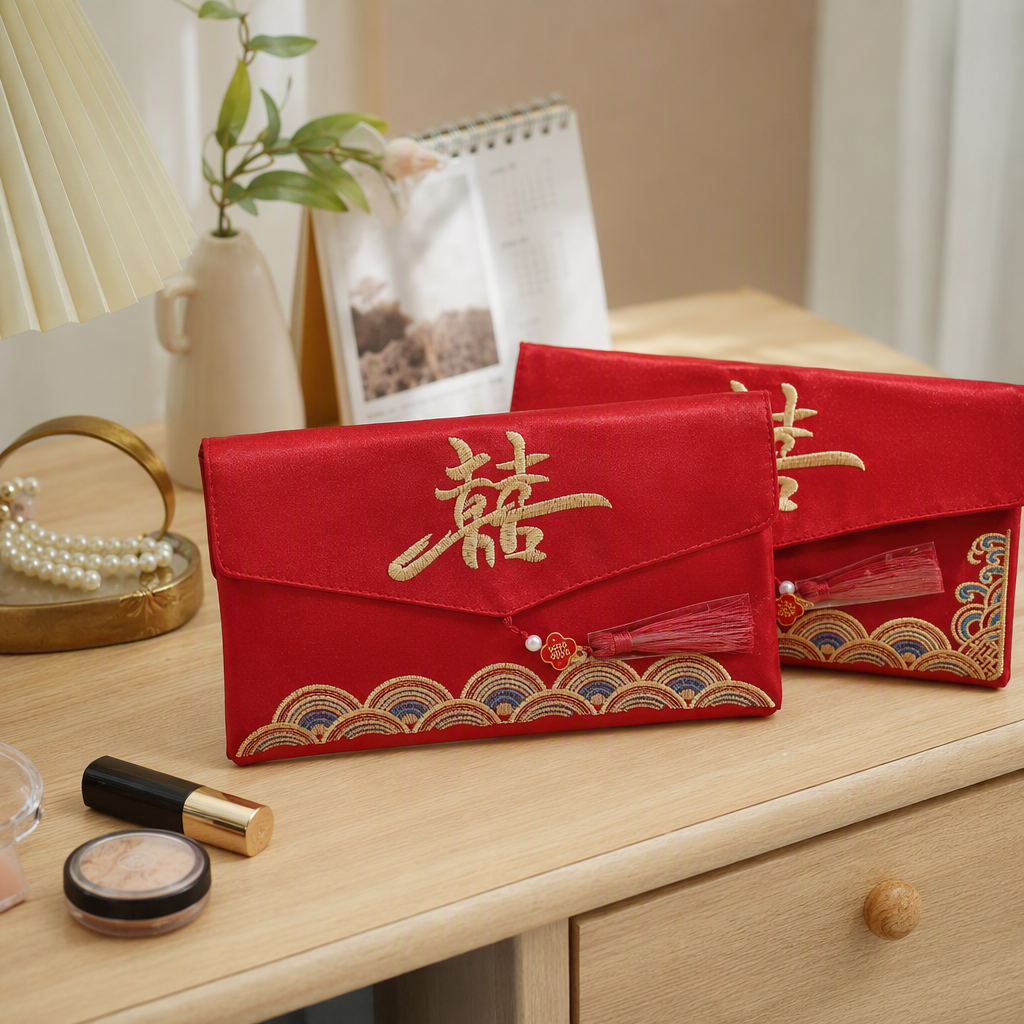 The New Year's festive red embroidered red envelope bag is exquisitely handcrafted. It is an essential gift bag for weddings and festivals details Picture