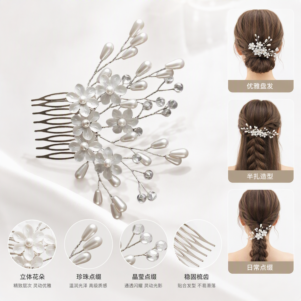 Silver pearl flower hair comb, elegant lady's headwear and hairpin decoration