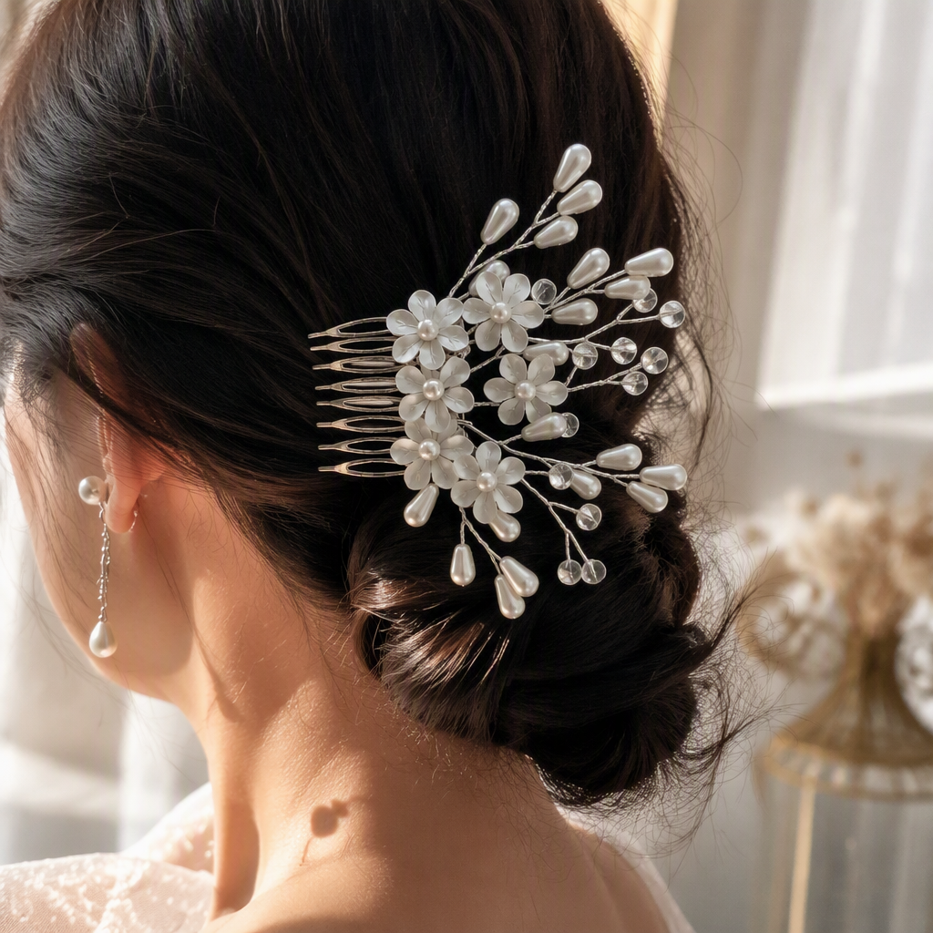 Silver pearl flower hair comb, elegant lady's headwear and hairpin decoration details Picture