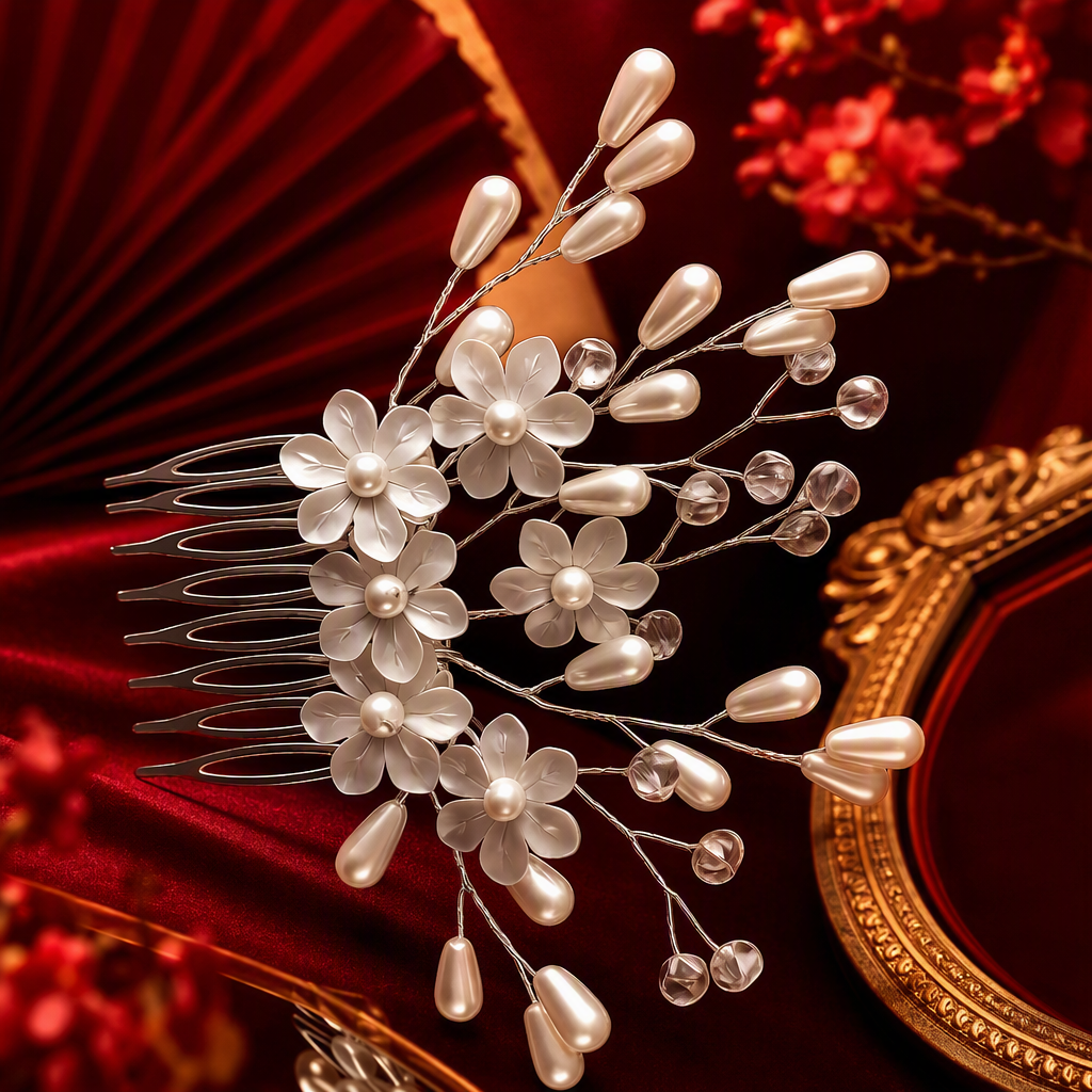 Silver pearl flower hair comb, elegant lady's headwear and hairpin decoration Specification image