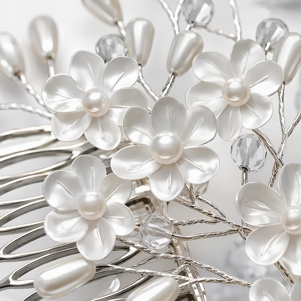 Silver pearl flower hair comb, elegant lady's headwear and hairpin decoration Application Scenario