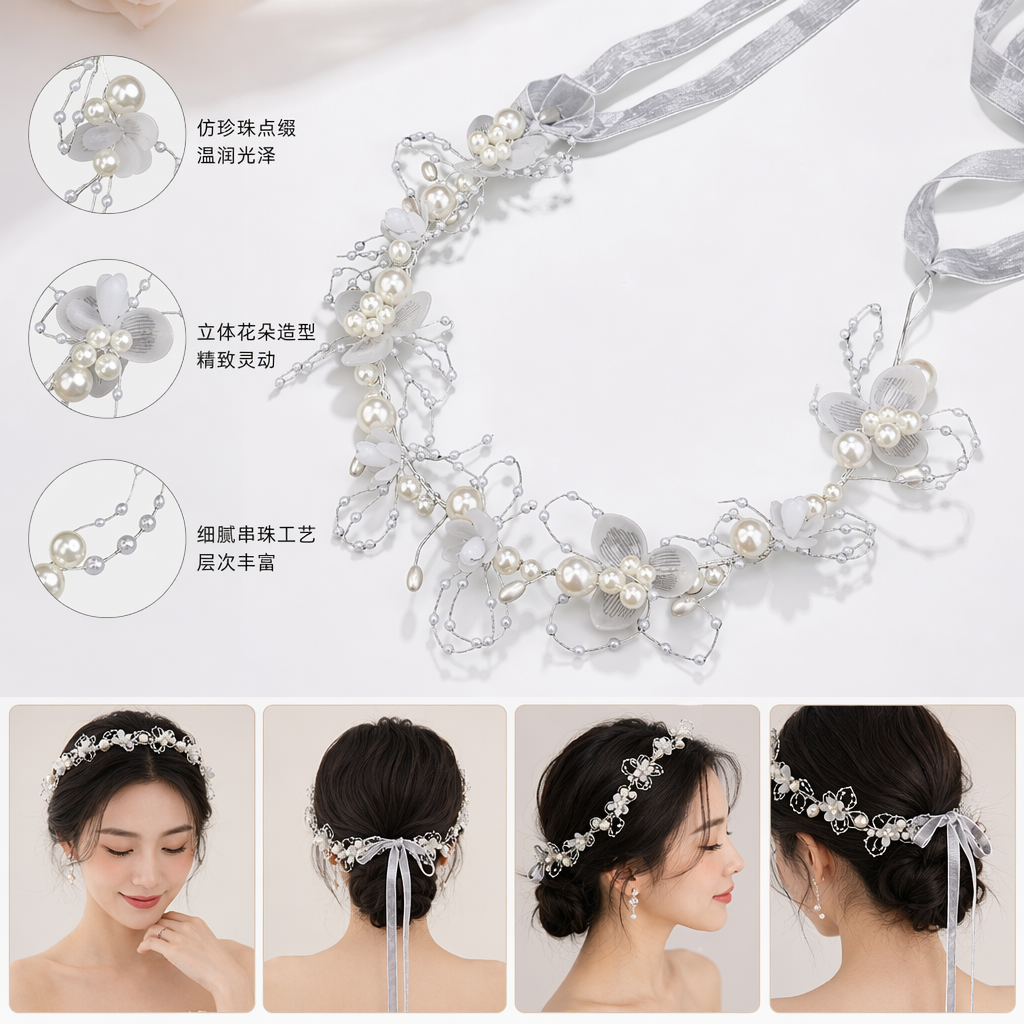 The white pearl flower hairband is an elegant headwear for ladies, sweet, simple and versatile