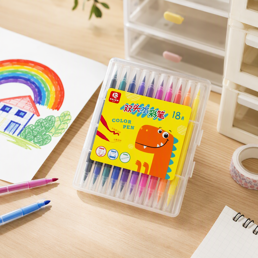 Colorful watercolor pen storage box, portable children's painting supplies, student colored pen box, creative stationery storage bag details Picture
