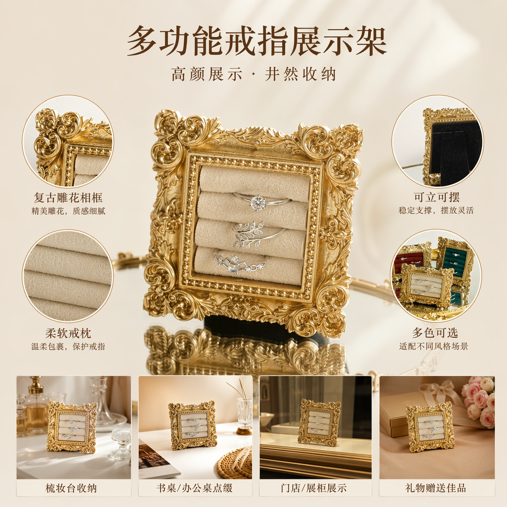 金色雕花相框戒指展示盒多功能首饰收纳盒创意时尚简约款式
