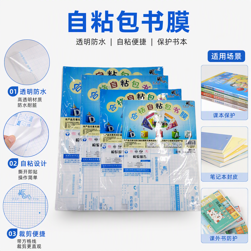 蓝色包装自粘书膜防水防尘保护膜厚实耐用适用多尺寸学生书本用品