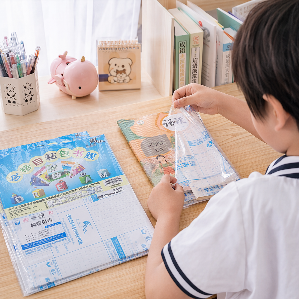 蓝色包装自粘书膜防水防尘保护膜厚实耐用适用多尺寸学生书本用品产品图