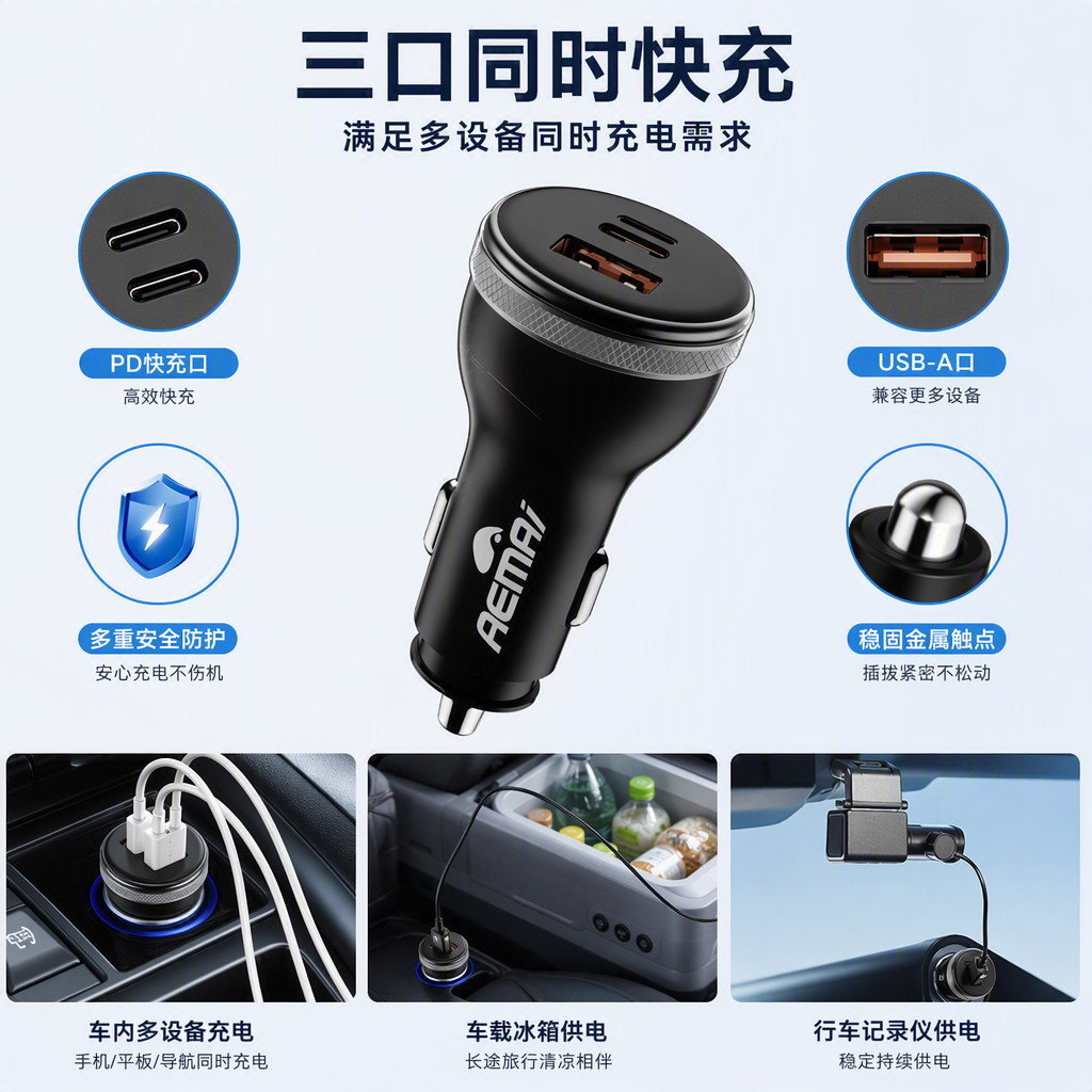 The multi-functional fast-charging car charger with a blue packaging box is a portable car charger that is compatible with multiple car models
