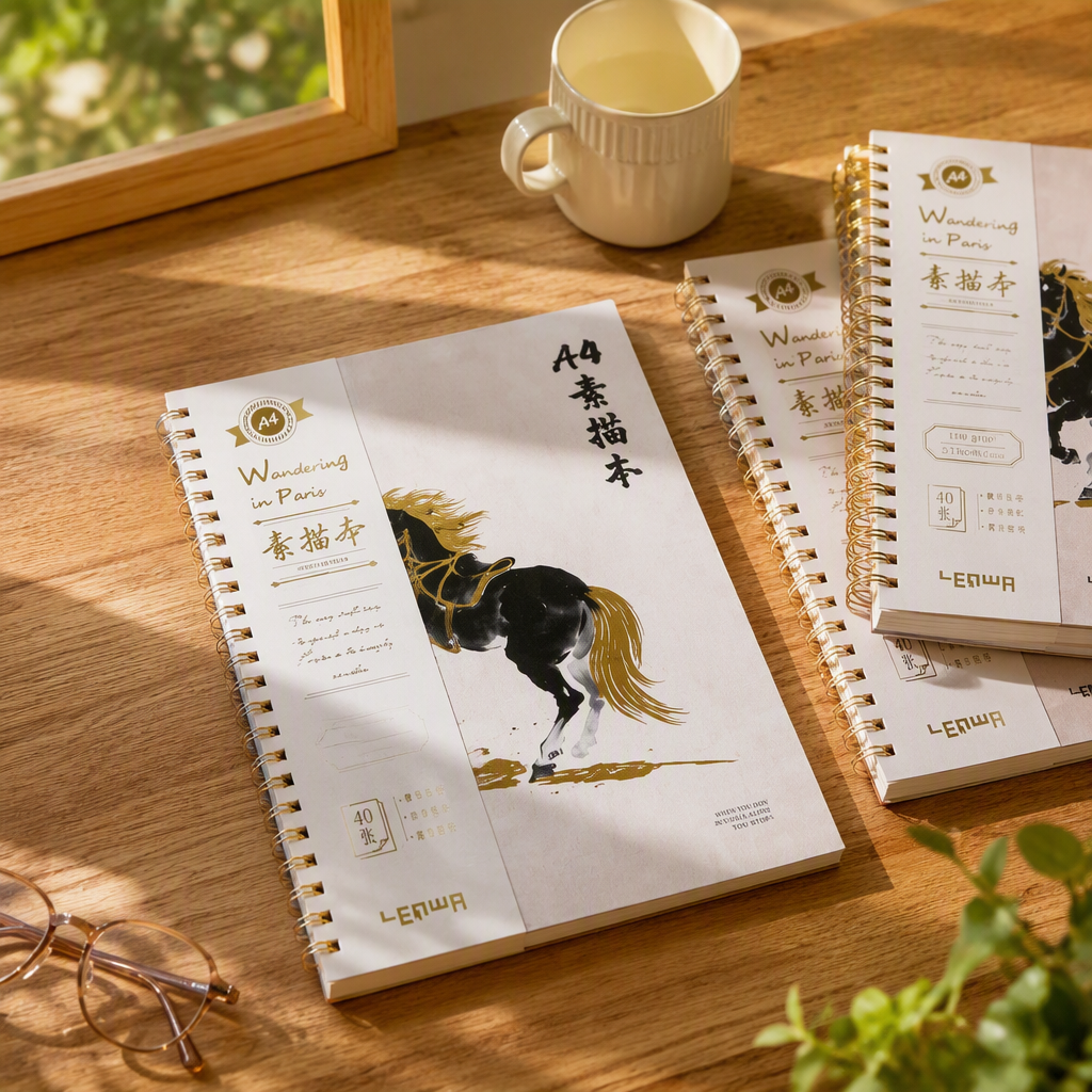 The golden spiral-bound sketch album features a black horse galloping through the Parisian landscape on the cover, with white flowers and green leaves dotted against a woven texture background details Picture