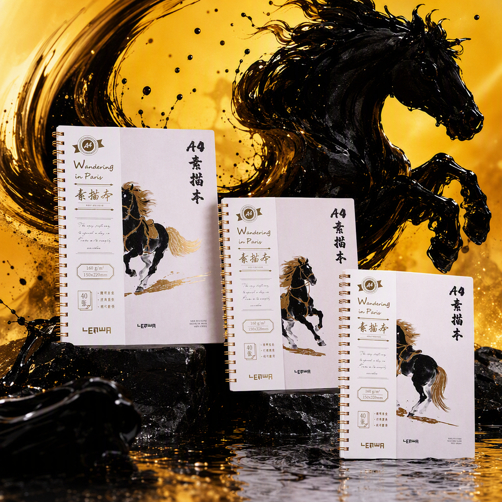 The golden spiral-bound sketch album features a black horse galloping through the Parisian landscape on the cover, with white flowers and green leaves dotted against a woven texture background Specification image