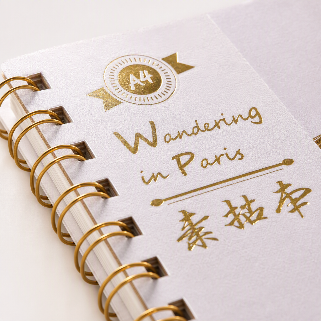 The golden spiral-bound sketch album features a black horse galloping through the Parisian landscape on the cover, with white flowers and green leaves dotted against a woven texture background Application Scenario