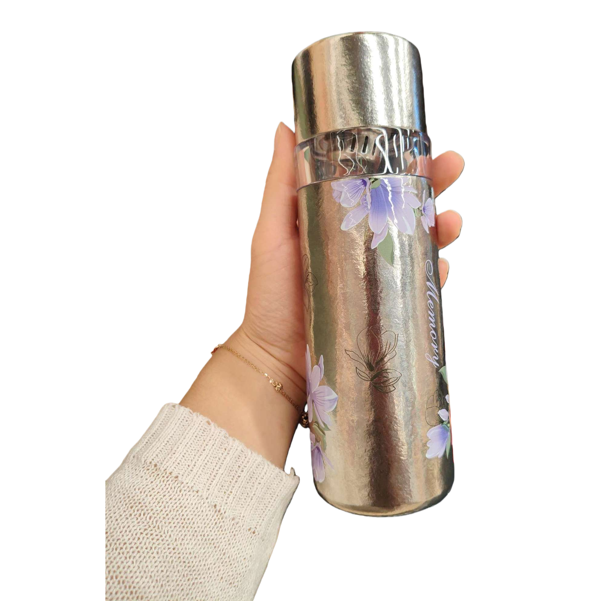 Silver floral pattern insulated cup, large-capacity stainless steel portable student outdoor travel hot drink cup Item Picture