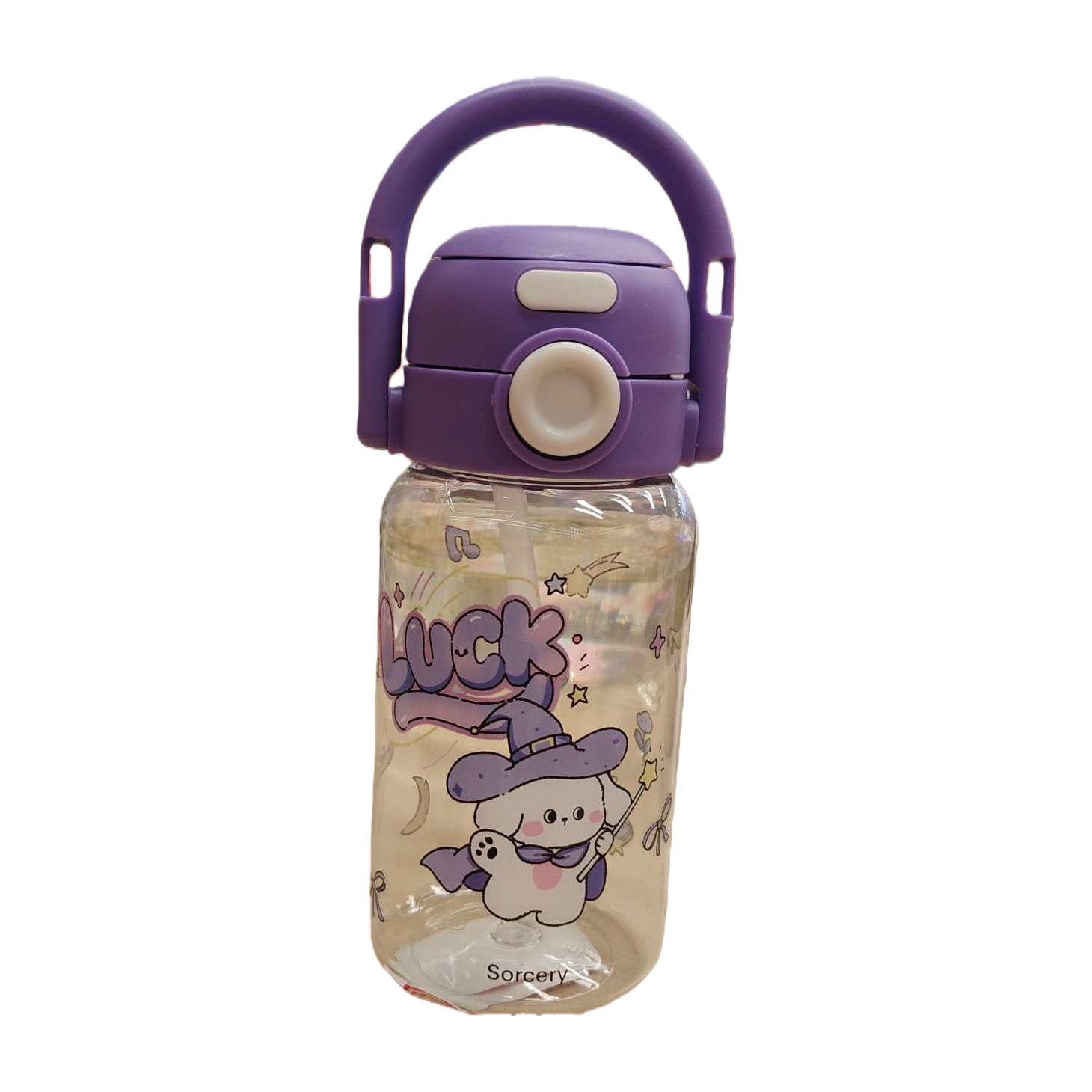 This purple handle water cup is printed with the word "Luck" and a pattern of a wizard puppy. It is a heat-resistant, leak-proof, portable student and adult water bottle Item Picture