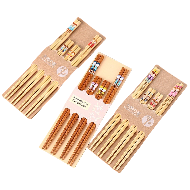 A variety of cartoon-patterned bamboo chopstick sets, white small spoons, paper packaging, wooden background decoration, tableware and gifts Item Picture