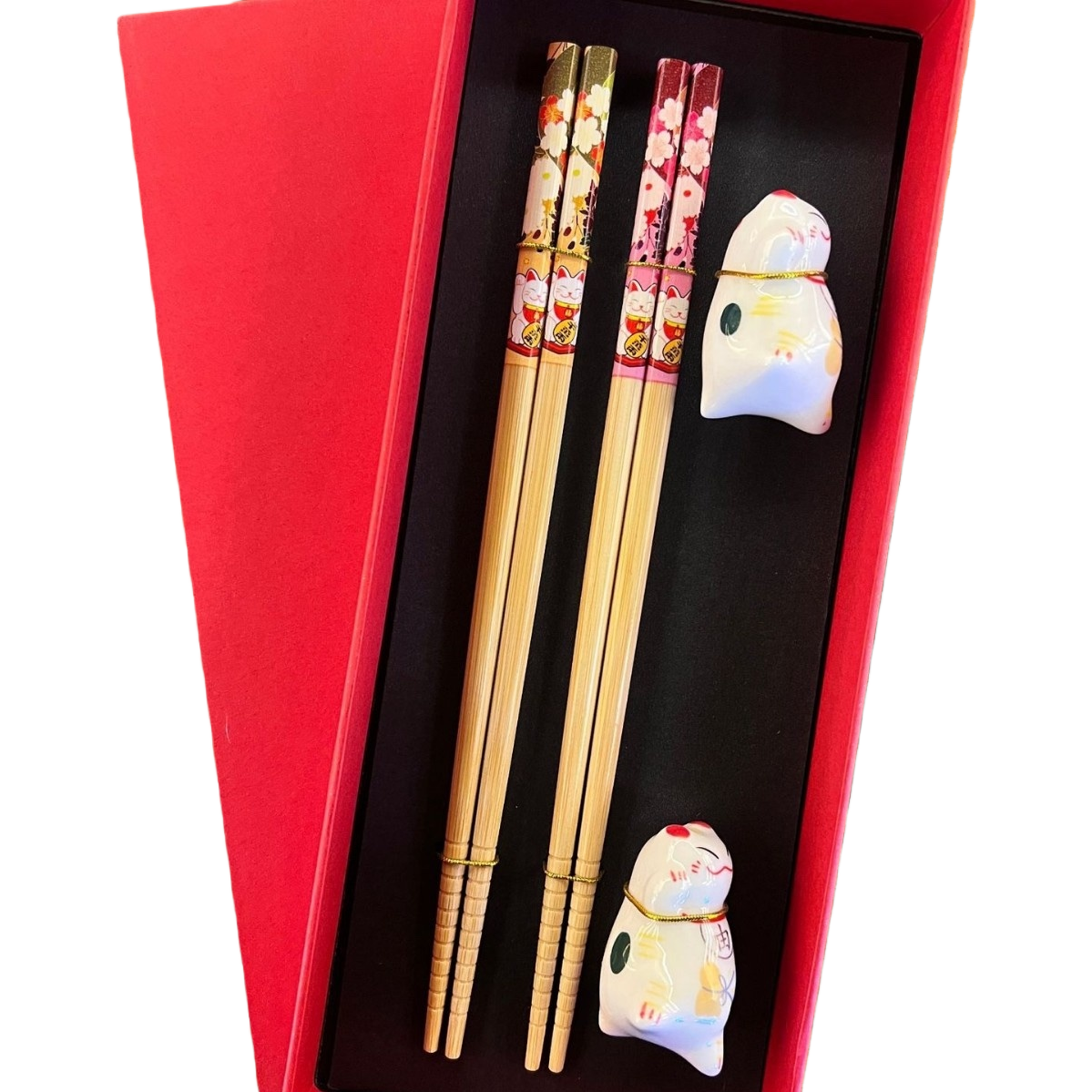 Cherry blossom Maneki Neko themed bamboo chopstick set, double gift box set, cute and creative tableware, home supplies gift given away Item Picture