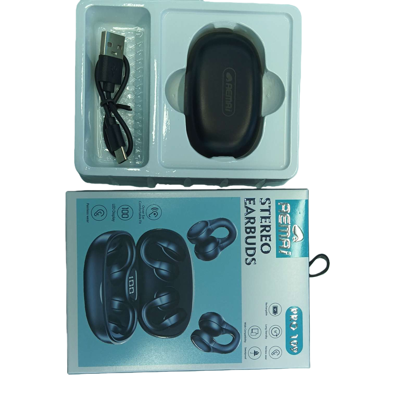 The black wireless earbud charging case set comes with a USB cable. The white packaging is printed with product images and model numbers details Picture